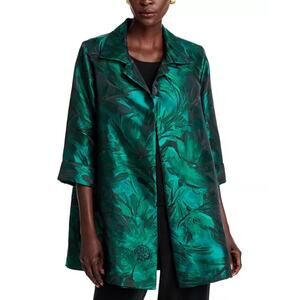 CAROLINE ROSE $498 Botanical Emerald Green Jacquard A-Line Jacket Size S